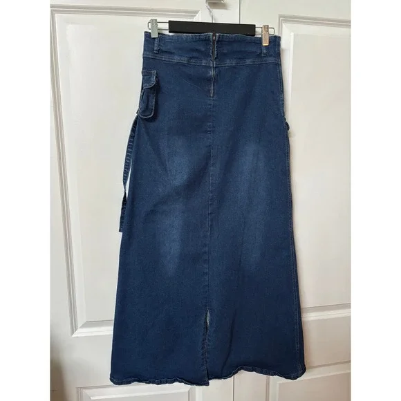 Y2K Style Cargo Denim Maxi Skirt Dark Wash Grommet Utility Stitching Blue - Picture 2 of 6